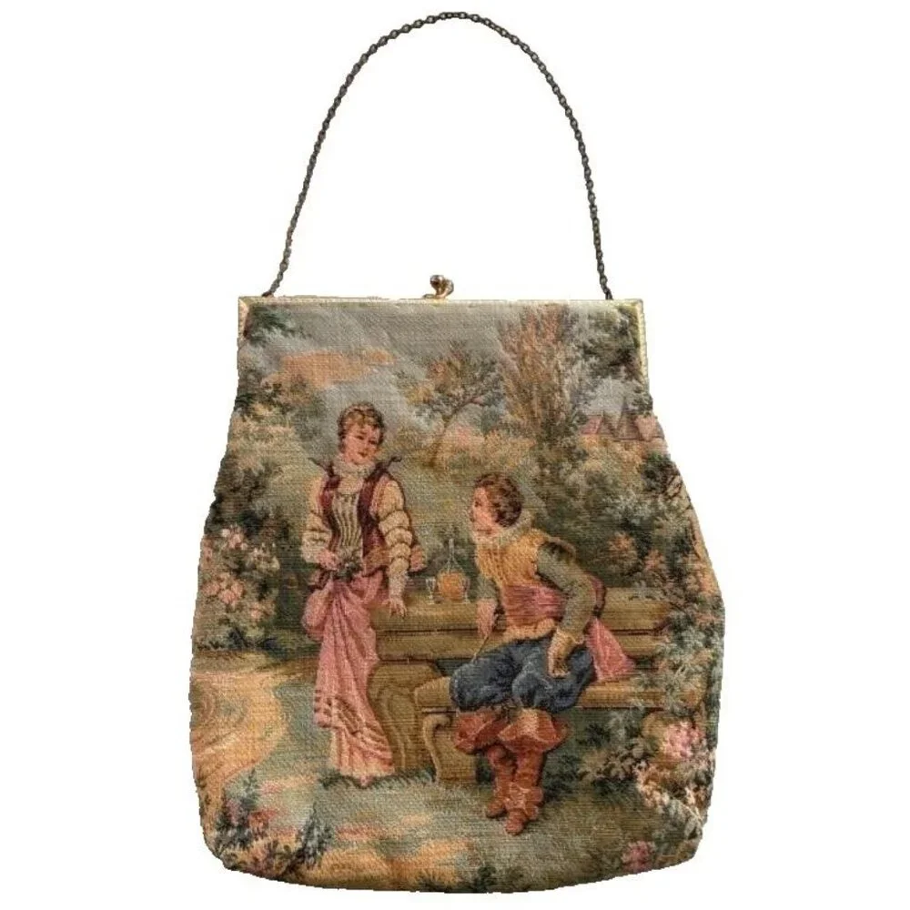 Antique Aubusson Victorian Tapestry Purse Romantic Couple Kisslock Handbag - Picture 2 of 11